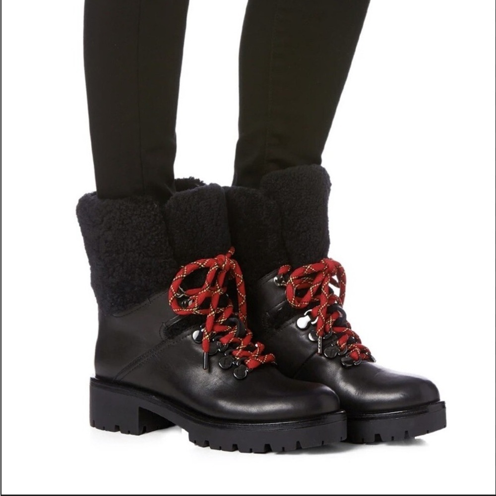 Aquatalia Jamie Black leather combat lace up boot shearling trim moto 11